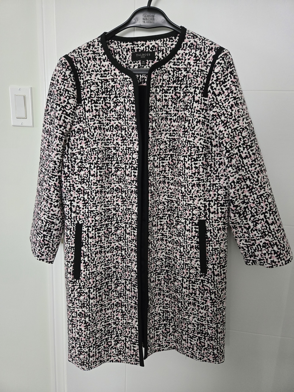 Talbots Pink and Black Tweed Collarless Coat